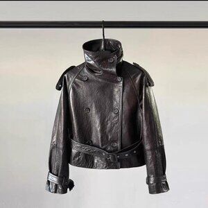Black leather jacket with detachable collar and belt...